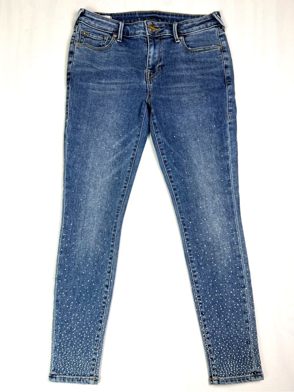 True Religion Jennie Curvy Women’s 29 Rhinestone Mid Rise Skinny Jeans Blue